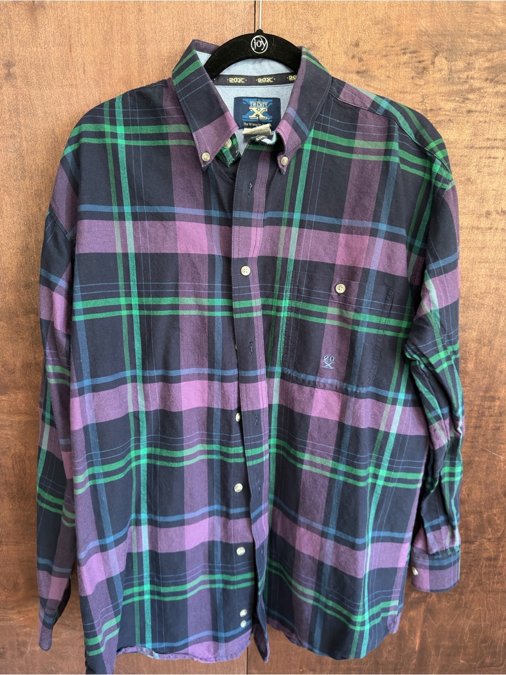 20X Twenty X Wrangler Men’s Plaid Button Down Shirt Purple Green Western (1026)